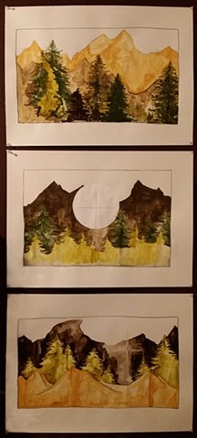 painting, drawing, fine art, landscape, mountains, series, triptych, nature, redwoods