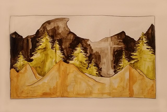 painting, drawing, fine art, landscape, mountains, series, triptych, nature, redwoods