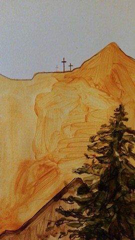 painting, drawing, fine art, landscape, mountains, series, triptych, nature, redwoods