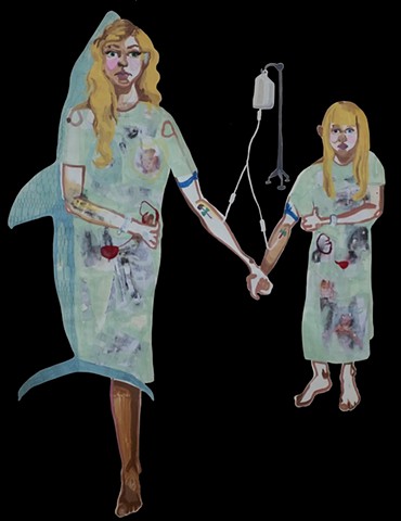 painting, fine art, figurative, human body, medicine, medical, anatomy, anatomical, kidney, IV, shark, hospital, hospital gown, double portrait