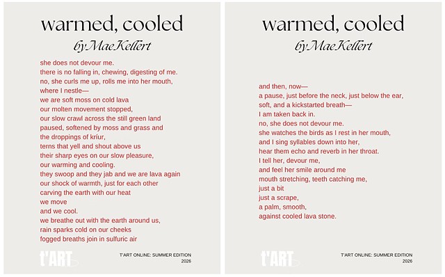 "warmed, cooled" in T'ART Magazine