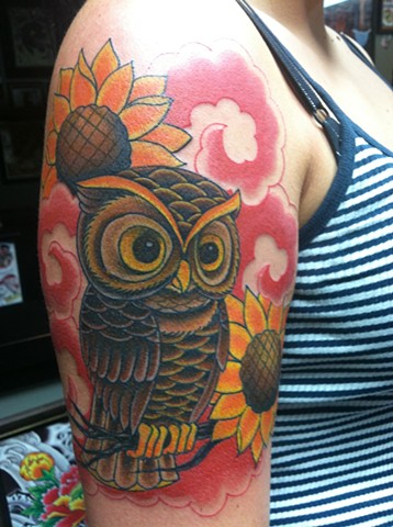 Owl & Sunflower Tattoo by Mike Hutton