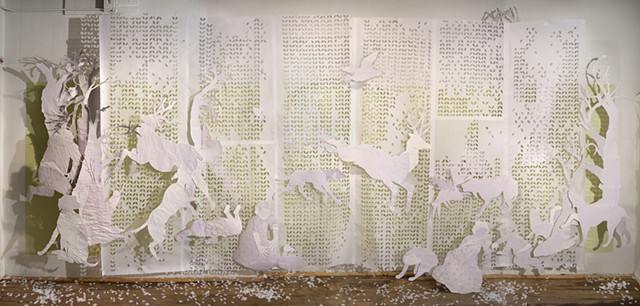 Vellum and tissue paper installation with toile pastorial imagery by Shara Rowley Plough.