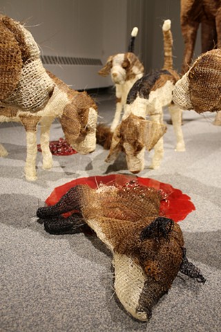 Mixed media crocheted horse and dogs foxhunting by Shara Rowley Plough.