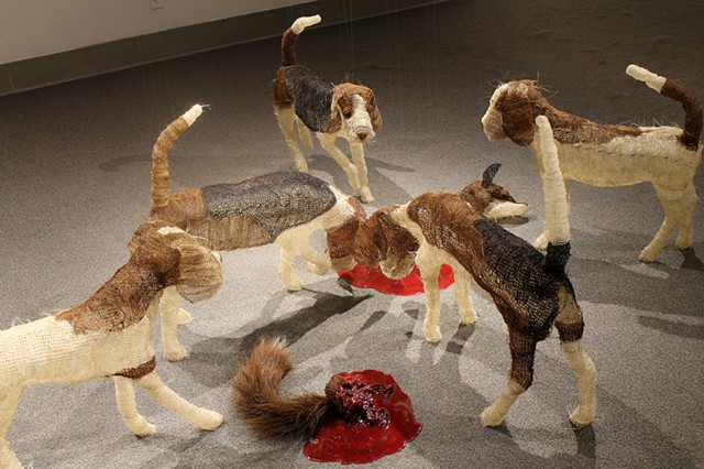 Mixed media crocheted horse and dogs foxhunting by Shara Rowley Plough.