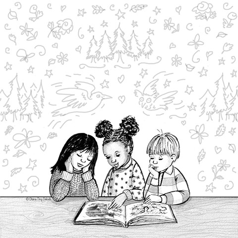 illustration of 3 kids reading from a book. Above them are doodles of what they may be reading.