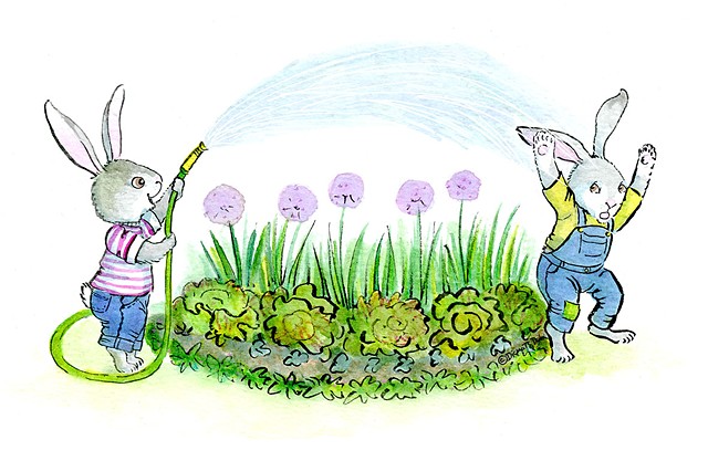 illustration of 2 bunnies gardening.