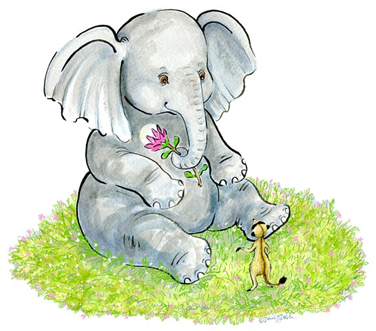 illustration of an Elephant & a Meerkat sitting opposite each other -Hello