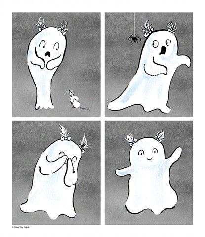 four views of a ghost character: 1 happy and 3 being scared.