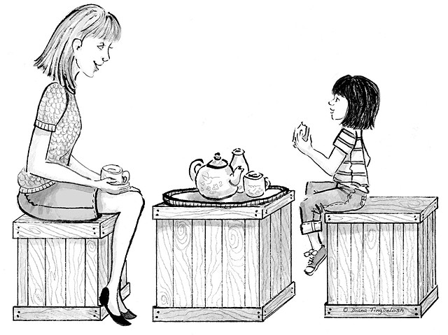Lady and girl sitting on packing crates having tea -art