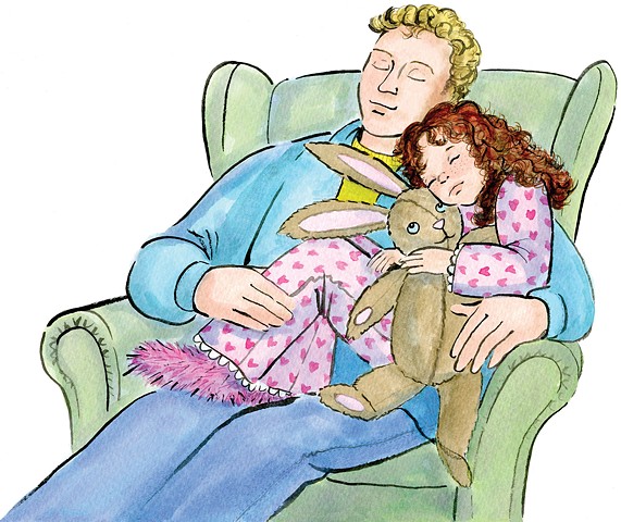 girl and dad asleep in a chair