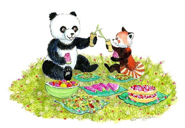illustration of a giant panda and a red panda having a picnic