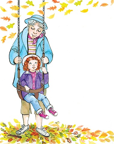 illustration of a grandma swinging a little red haired girl