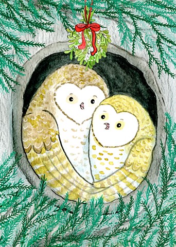 Illustration of a Barn Owl pair in a pine tree hollow with mistletoe. 