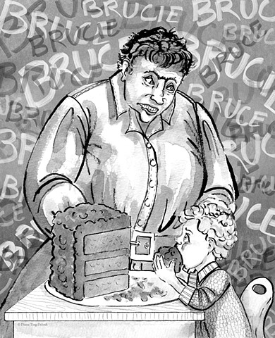 Angry female adult standing over a boy eating chocolate cake with his hands. Background is filled with hand lettered: Bruce or Brucie.
