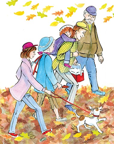 family walking through crunchy fall leaves -illustration