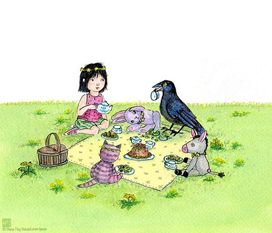 Ink, watercolor illustration of a young girl, around 5-ish having a tea party  with stuffed animal friends; bunny, donkey and pink cat. A crow has crashed the picnic.  