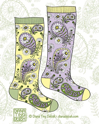 Paisley Raising design icons in lavender, olive green and yellow.