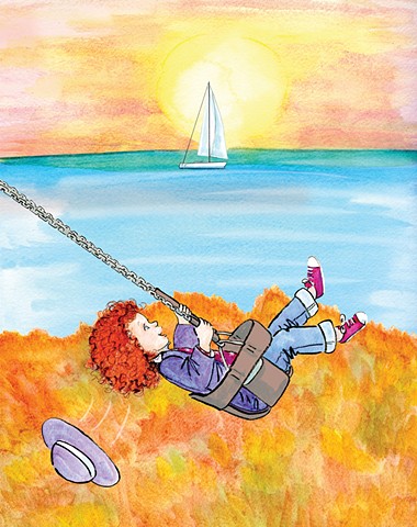red haired girl swinging high on a fall day at sunset, in the background their is a sailboat.