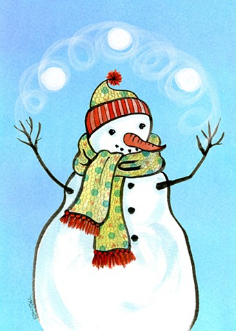 illustration of a snowman juggling snow balls