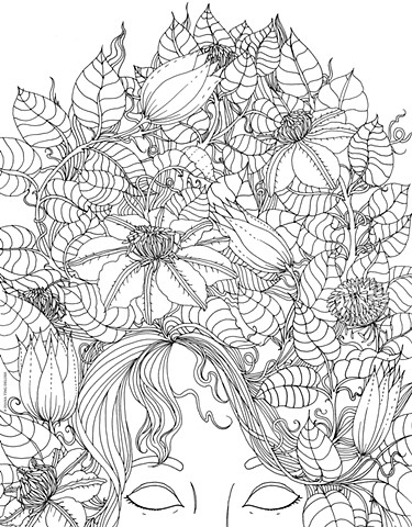 line art illustration of a sleeping women, from the eyes up. her hair is made up of clematis vines