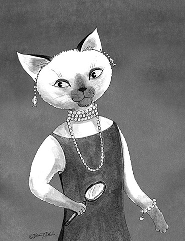 Audrey Hepcat, feline sleuth illustration in black  line and shades of gray wash