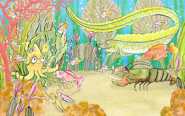 My ink, watercolor, color pencil and digital illustration of a  shy squid trying to make friends with the other sea critters. © Diana Ting Delosh 