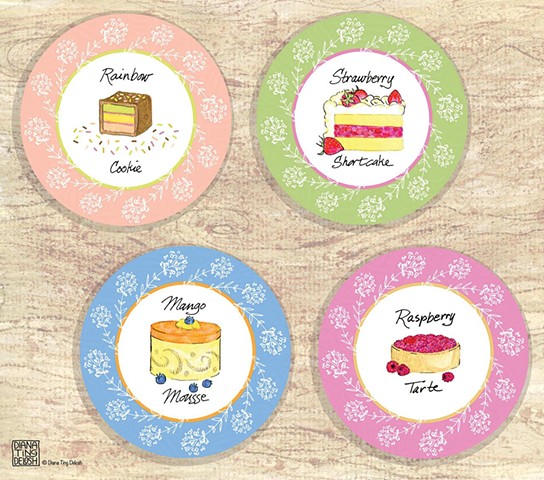 4 dessert illustration on 4 plate designs in pastel colors.