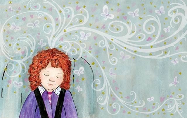 illustration of a red headed girl dreaming in a car seat