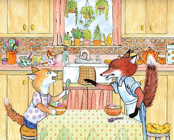 Orange Cat and Fox arguing in the Kitchen