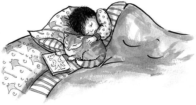 greyscale art of Boy, Book, Bed, cat