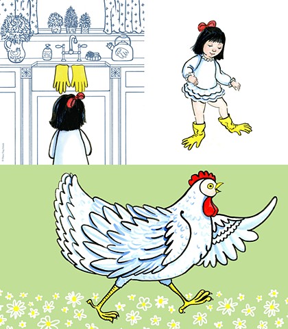Girl sees rubber gloves handing over the sink counter.puts them on her feet and imagines she's a chicken.