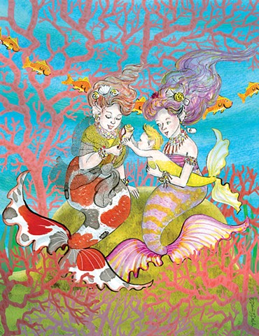 illustration of 3 mermaids under the sea among the coral. Mom is holding her baby and granma is playing with the baby. 