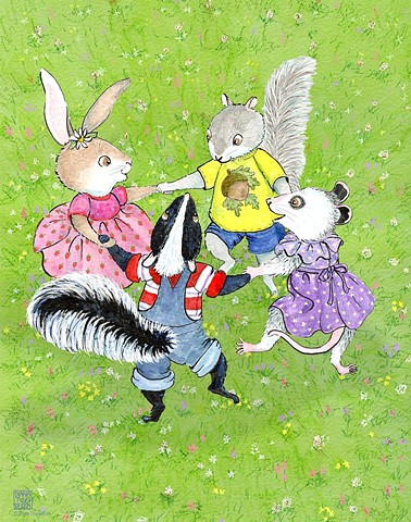 4 animal friends doing a spring dance.