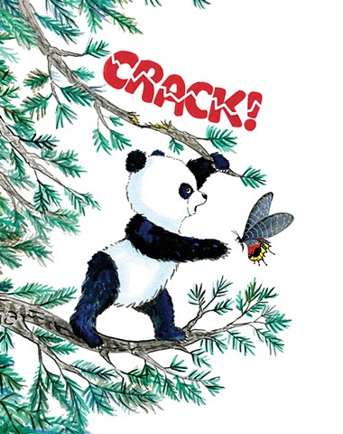 Illustration of a Panda walking on a branch until it breaks. The sound effect, "CRACK" is hand lettered!