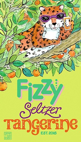 Mock Beverage label showcasing my illustration and hand lettering: FIZZY Seltzer Tangerine