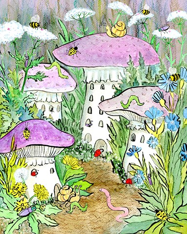 whimsical illustration of a mushroom village. The inhabitants are bugs. 
