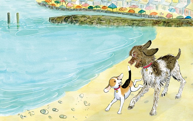 2 Dog friends running on the beach.