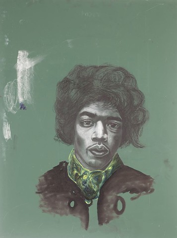Jimi Hendrix drawing on chalkboard.