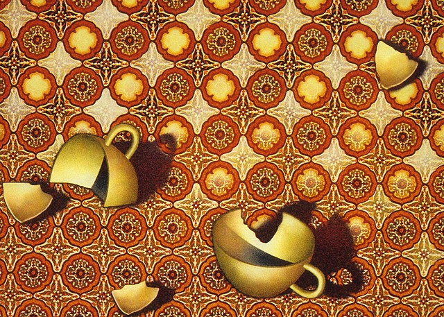 Broken cups on patterned floor or tablecloth