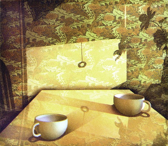 2 cups on table, sunlight through window casting shadow of blinds, dandelion wallpaper