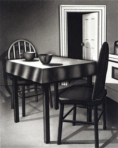 Black and white kitchen scene, table and chairs, coffee cups, doorway