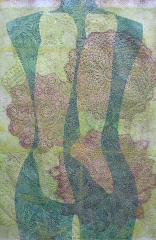one-of-a-kind collagraph print, torso with legs, green and yellow doilies
