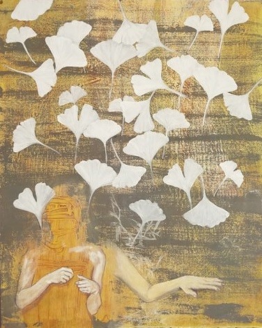 Mixed media drawing of overlapping white gingko leaves above a abstracted figure.