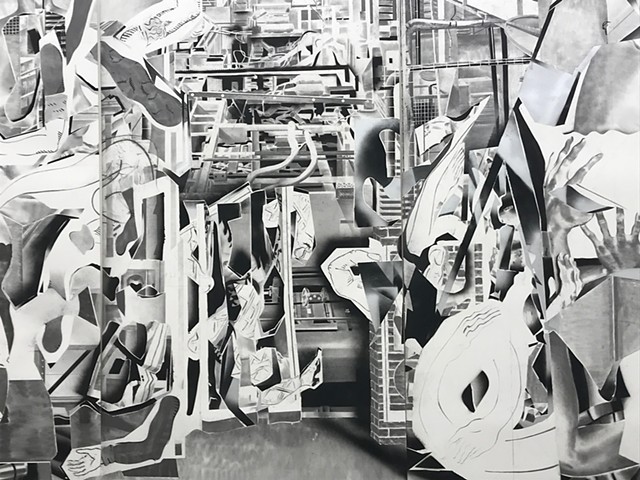 Laurent Proux - Line Off, Crayon graphite et peinture en bombe sur papier, 373 x 456 cm (detail)