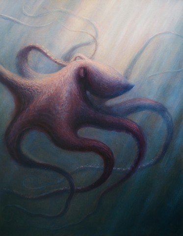 Karl Orion, Karl Poulson, painting, oil painting, Orion painting, painted pods, painted water, blue octopus, octopus painting