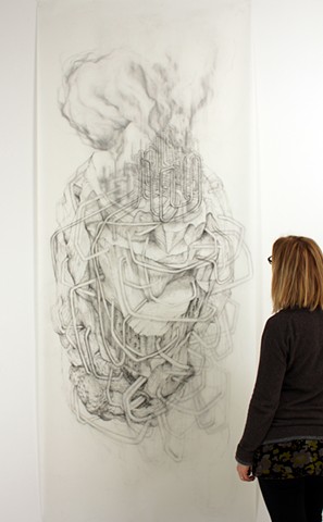 Large-scale, Landscape, environmental, graphite drawing about oil refining, pipelines and mark-making by Kathleen Thum