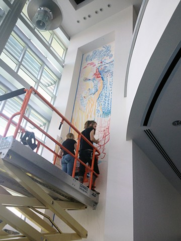 In progress Site Specific Wall drawing, painting, mural at Broward College by Kathleen Thum