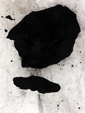 Abstract drawing of silhouette pieces of coal using charcoal, black 3.0 paint, coal dust and dirt done by Kathleen Thum