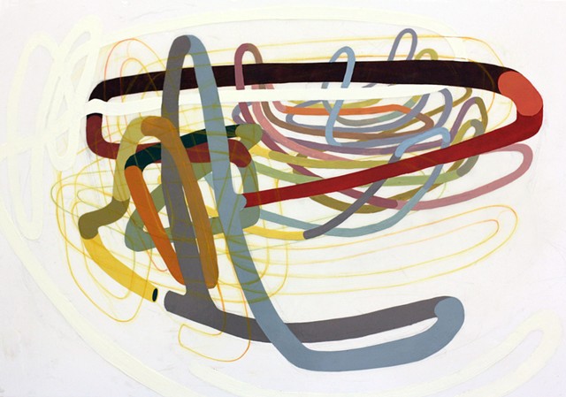 Abstract painting of pipelines, tubing and cables by Kathleen Thum